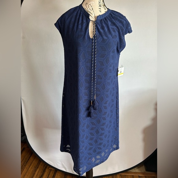 Navy Blue Eyelet Dress with Tassel Tie - Picture 1 of 7